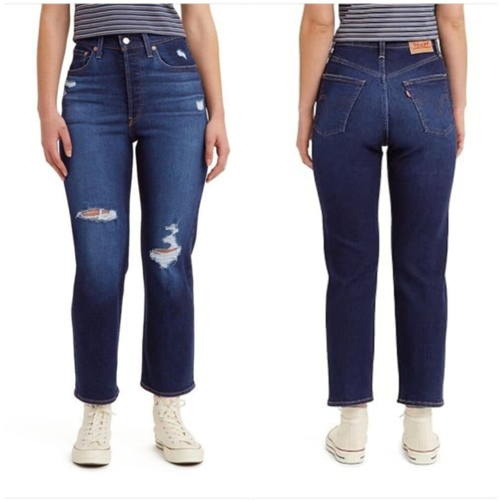 Levi's Ribcage Straight Ankle dark wash distressed jeans size 28